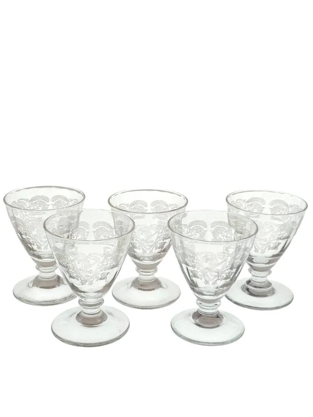 5 Antique Victorian Crest Shot Glass Mini Goblet etched heraldic 2.5